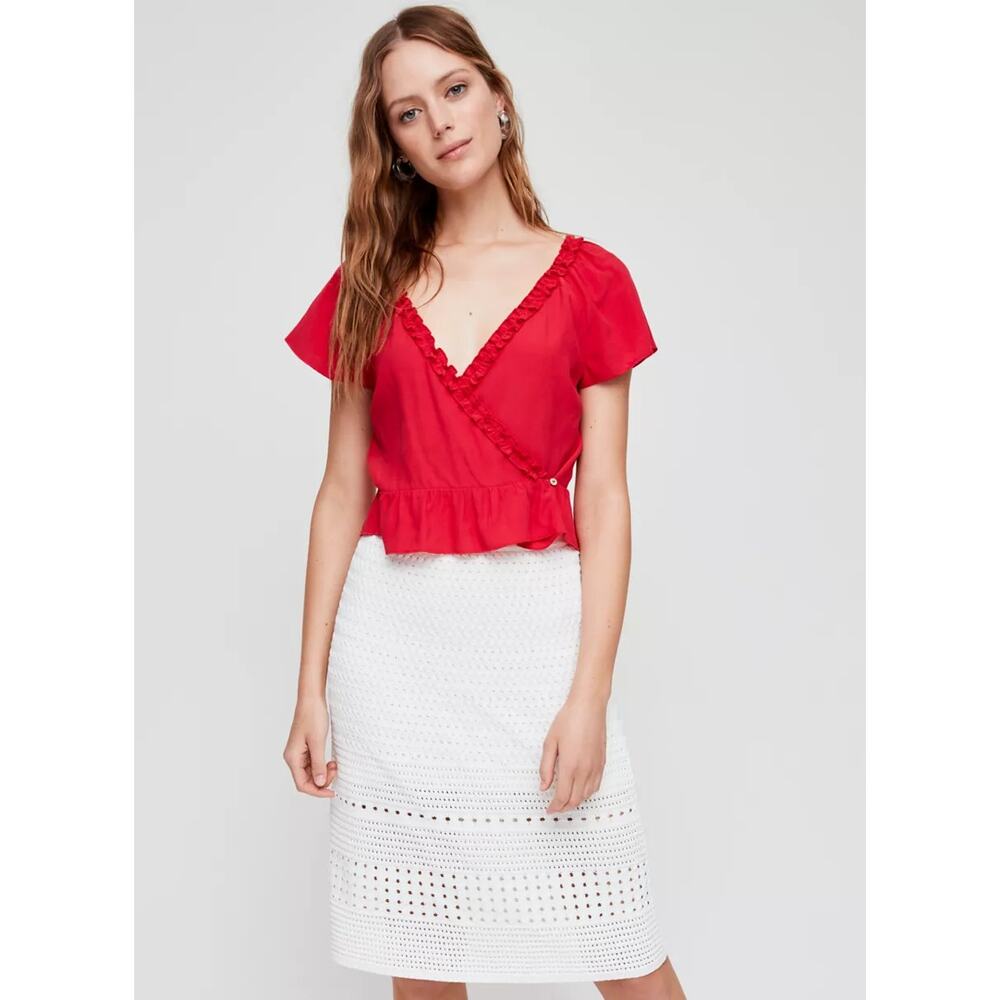 Wilfred Womens Aurelia Top XS Red Short Flounce Sleeve Wrap Blouse Ruffle Trim